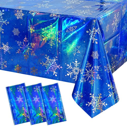 3 Pack Christmas Iridescent Snowflake Tablecloth Decorations,Plastic Ice Blue Winter Wonderland Party Table Cover with Shiny Laser Snowflake for Christmas New Year Birthday Party Supplies,54 x108 Inch