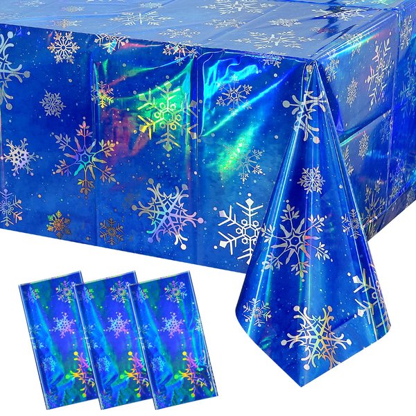3 Pack Christmas Iridescent Snowflake Tablecloth Decorations,Plastic Ice Blue Winter Wonderland Party Table Cover with Shiny Laser Snowflake for Christmas New Year Birthday Party Supplies,54 x108 Inch