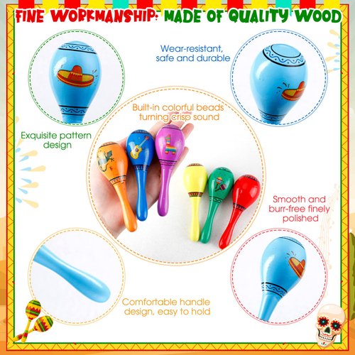 32 Pieces Wooden Fiesta Maracas 8 Designs Cinco De Mayo Noisemaker Mexican Fiesta Party Favors, Music for, Party Decorations for Birthday Shower Taco Tuesday Event