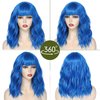 noxozoqm Short Blue Bob Wig with Bangs for Women Wavy Synthetic Wigs with Natural Shoulder Length Curly Heat Resistant Hair for Daily Party Use