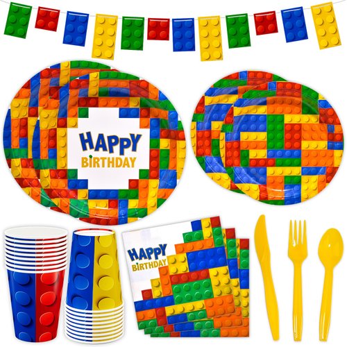 DYLIVES 180 Pcs Building Blocks Birthday Party Supplies, Building Block Party Decorations Kids Boys Disposable Tableware, Colorful Block Banner, 9" and 7" Plates and Napkins Cups Cutlery, Serve 24
