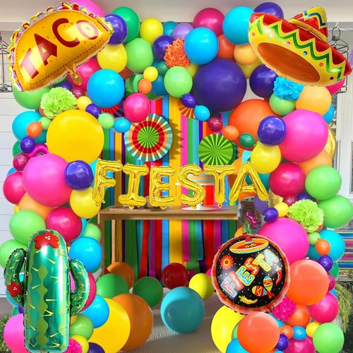 Mexican Fiesta Balloon Party Decorations 132pcs Fiesta Balloon Arch Garland Kit Llama Cactus Sombrero Balloons for Cinco De Mayo Loteria Taco Twosday Mexican Fiesta Decorations Party Supplies