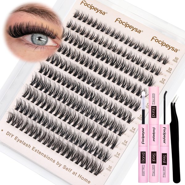 Focipeysa Wispy Lash Clusters 40D Lash Extension Kit Fluffy Eyelashes Clusters CD Curl Clusters Lashes Extensions 10-16mm Cluster Lashes Extensions Kit with Lash Bond and Seal (40D Lash 200pcs)