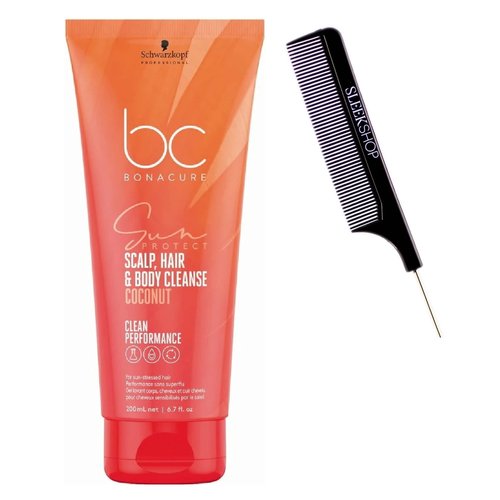 Schwarzkapf BC Bonocure SUN PROTECT COCONUT Scalp, Hair & Body Cleanse Shampoo for Sun-Stressed Hair, Newest 2023 Formula (w/ SLEEKSHOP Steel Pin Rat Tail Comb) Clean Hair Performance, Vegan (Scalp, Hair & Body Cleanaser (6.7 oz))