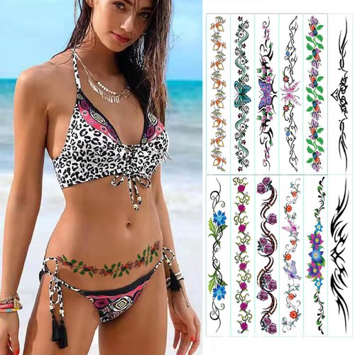 Sexy Flower Navel Tattoo Stickers 12 Sheets Long Belly Abdomen Waist Back Waterproof Temporary Tattoos for Women Girls Fake Body Tattoos