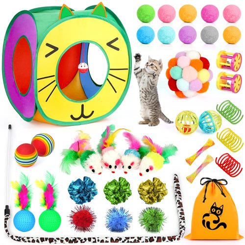 37 PCS Cat Toys, Interactive Kitten Toys for Indoor Kitty, Variety Catnip Toy Set Including Collapsible Cat Tunnel Tube Tent, Cat Feather Teaser Wand, Cat Bell, Fuzzy Ball, Spring, Mouse Toy