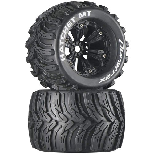 Duratrax Hatchet MT 3.8" RC Monster Truck Tires with Foam Inserts, CS Sport Compound, Mounted on 1/2" Offset Black Wheels (Set of 2)