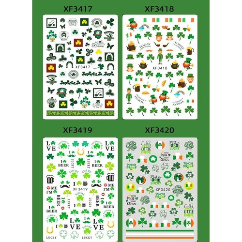 10 Sheets St. Patrick's Day Nail Stickers Decals Self-Adhesive Art Sticker Irish Shamrock Leprechaun Green Hat Mister Lucky Design Decorations for Kids Girls Women Decoration