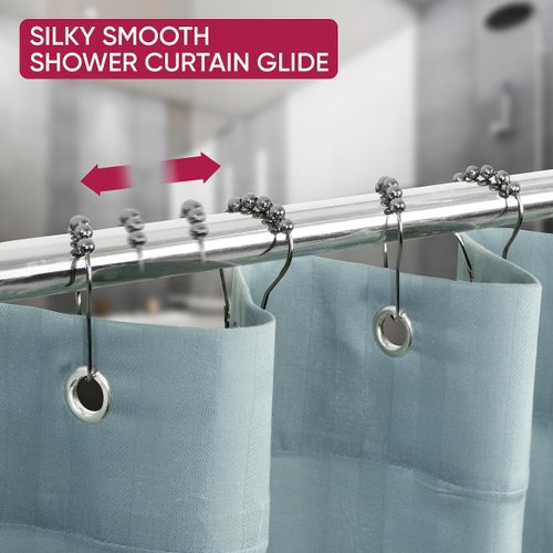 Shower Curtain Hooks Rust Proof (Set of 12) - Stainless Steel Shower Curtain Rings with Effortless Gliding Roller Balls - Easy to Install Shower Hooks for Shower Curtain (Polished Nickel)