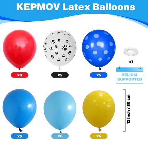 Dog Paw Balloons, 12 Inch Royal Blue Red and Yellow Balloons with White Dog Paw Print Helium Latex Balloons, Carnival Circus Balloons for Dog Paw Themed Boys Girls Birthday Party Decoration Supplies