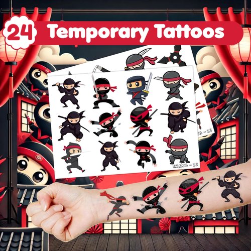 36PCS Ninja Party Favors 24 Tattoos Sticker 12 Stamp Set - Ideal Ninja, Shinobi, Samurai Themed Birthday Decor Supplies Goodie Bag, Classroom Gifts, Cute Rewards for Girls, Baby Shower Prizes