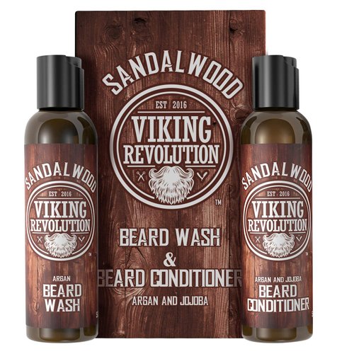 Viking Revolution Beard Wash & Beard Conditioner Set w/Argan & Jojoba Oils - Softens & Strengthens - Natural Sandalwood Scent - Beard Shampoo w/Beard Oil (5oz)