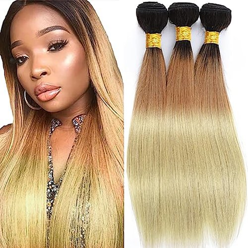 Ombre Blonde Bundle Straight 27 Bundles Human Hair 3 Bundle Human Hair Weave Unprocessed Virgin Hair Grade 8A Remy Hair Extensions Three Tone Bundle 16 18 20 inch