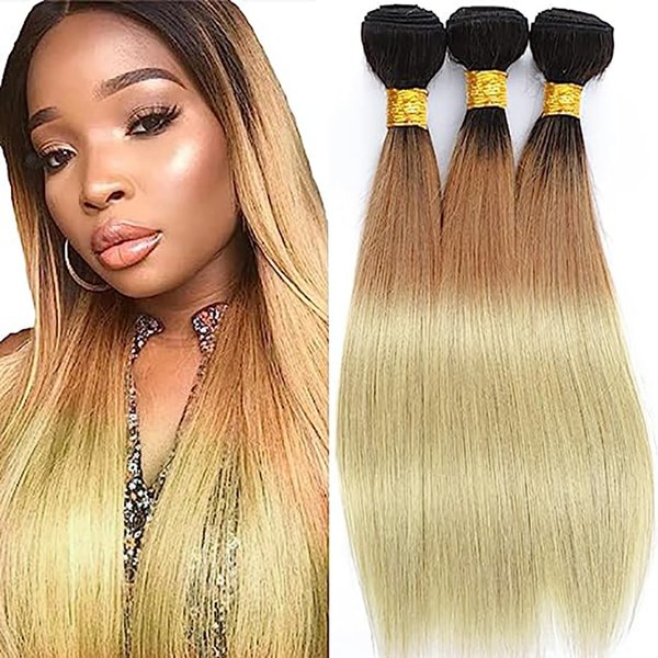 Ombre Blonde Bundle Straight 27 Bundles Human Hair 3 Bundle Human Hair Weave Unprocessed Virgin Hair Grade 8A Remy Hair Extensions Three Tone Bundle 16 18 20 inch