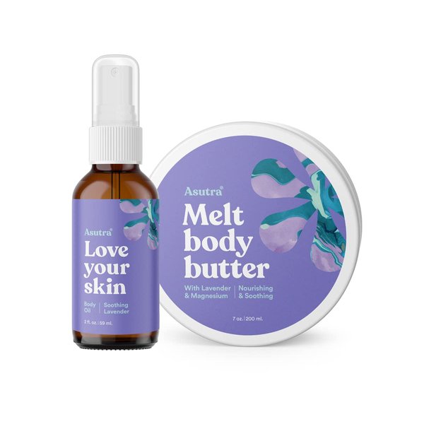 ASUTRA Lavender Gift Set – 7 oz Magnesium Body Butter with Lavender, 2 oz Lavender Body Oil, Soothing and Hydrating Skincare with Aromatherapy