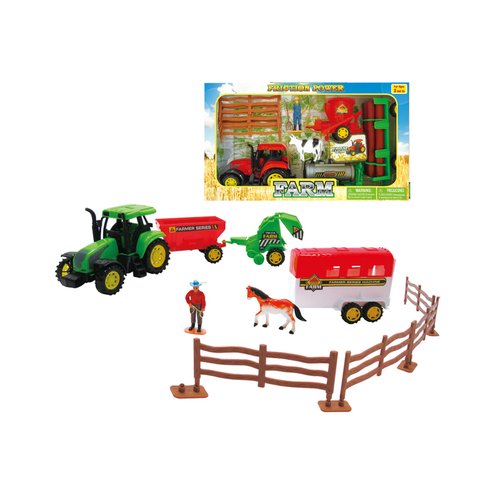 MAGGIE Kids Farm Playset Friction-Powered Tractor with Trailers, Farmer, Horse, and Fence - Durable and Educational Farm Toys for Kids Ages 3+, Green, 1511-1A