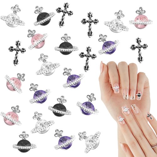 50 Pcs Planet Nail Charms and Gems& 3D Shiny Diamond Saturn Shape Nail Art Rhinestones Cross Nail Charms (Pink,Purple,Black,Galaxy) for Women Nail Decorations