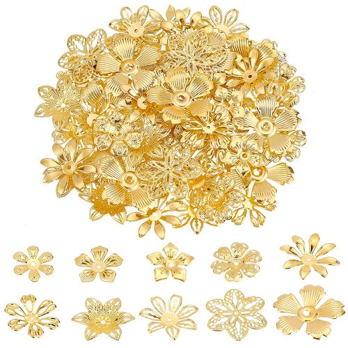PandaHall 200pcs Flower Bead Cap, 10 Styles Bead End Caps Filigree Spacer Beads Caps Metal End Charm Tibetan Caps for DIY Earrings Bracekets Necklace Jewelry Craft Making, Golden