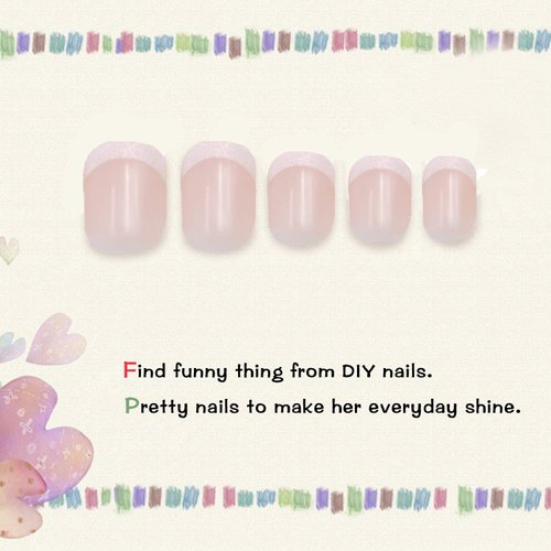 MISUD French Fake Nails 24pcs Classic Natural Pre-Glued Short Square Shape with Shiny Edge False Nails for Kids and Teen Girls Full Cover Artificial Nails