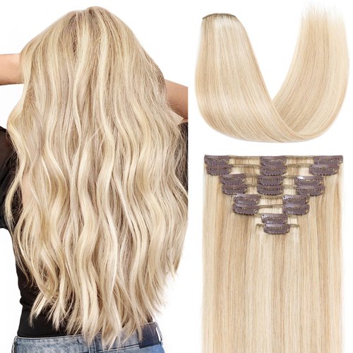 TESSHAIR Clip in Hair Extensions Real Human Hair 12 Inch Human Hair Clip in Extensions Blonde &amp; B...