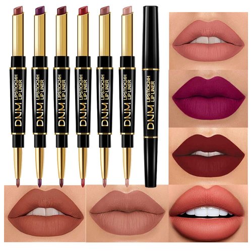 evpct 6 Pcs Lip Liner and Lipstick Set Kit DNM Chestnut Nude Dark Red Matte Matt Mat 24 Hour Lipstick Pen and Lip Kit with Lip Liner Pencil Long Lasting Set for Women labiales mate 24 horas originales