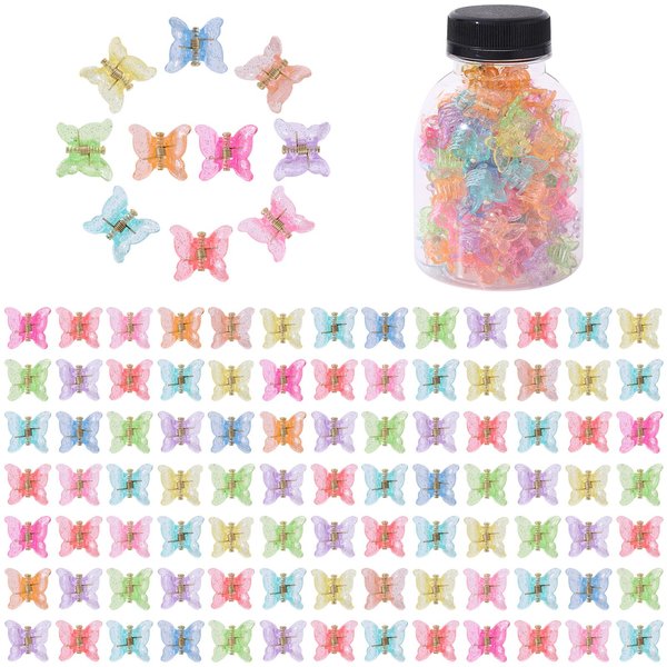 AUDTOPE Glitter Mini Butterfly Hair Claw Clips for Girls Women Toddler, 100Pcs Cute Clips Accessories for Thin Fine Hair Beautiful And Mixed rainbow Color