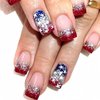4th of July Press on Nails Short Square, French Tip Fake Nails Red Blue Nail Tips with Stars Nail Glitter Glue on Nails Independence Day False Nails Full Cover Nude Pink Stick on Nails for Holiday