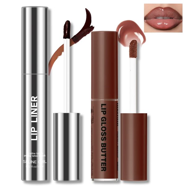 HOSAILY Peel Off Lip Liner Stain Tattoo, Long Lasting Waterproof Lip Stain Peel off, Tattoo Nude Lip Liner and Lip Gloss Combo, Non-Stick Cup Nourishing Lip Butter Gloss Set Lipstick Makeup