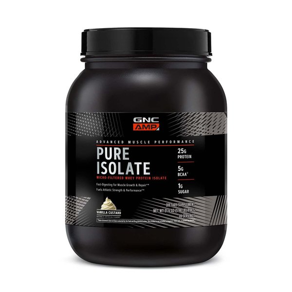 GNC AMP Pure Isolate Protein Powder| 25g Whey Protein Isolate with 5g BCAA | Fuels Athletic Strength, Performance, and Muscle Growth | Vanilla Custard | 28 Servings