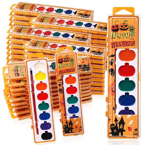 Watersay 24 Pack Halloween Pumpkin Watercolor Paint Set for Kids 8 Washable Colors with Brushes Water Color Painting Kit for Halloween Painting Kit Gift Party Supplies