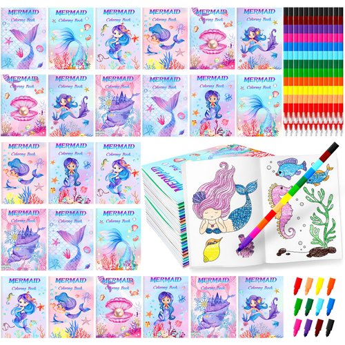 bobosufit 24 Pcs Coloring Book for Kids Bulk with 24 Crayons Mermaid Party Favors mini Drawing Book Bulk for Kids Students Classroom Gifts Party Favors (Mermaid)