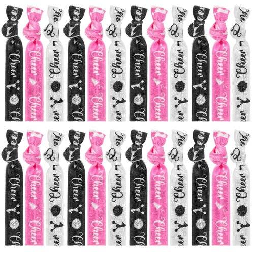 Hanaive 24 Pcs Cheerleader Gifts Cheer Bracelets Cheer Hair Ties Cheerleading Hair Ties Elastic Cheer Hair Accessories Cheerleader Ponytail Holder Wristbands for Girls Women Teams (Black, White, Pink)