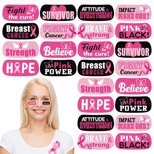 Landhoow 240 Pcs Breast Cancer Awareness Face Tattoos Bulk Pink Ribbon Temporary Tattoo Glitter Eye Body Tattoo Stickers and Decals for Breast Cancer Awareness Party Supply