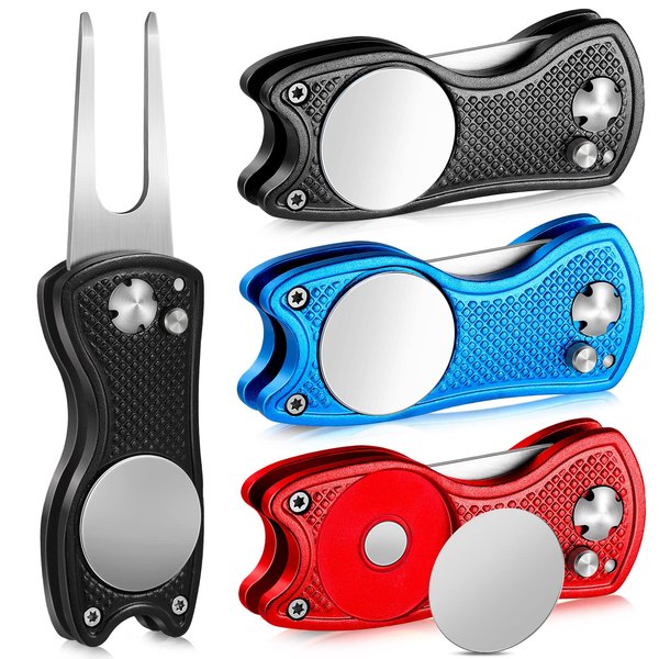 3 Pieces Golf Divot Repair Tool Stainless Steel Foldable Golf Repair Tool Magnetic Golf Ball Marker Tool with Pop Up Button Portable Golf Repair Tool (Black, Red, Blue)