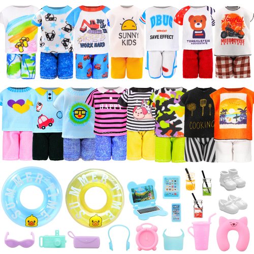 Miunana 36 PCS Boy Doll Travel Outfits for 4-6 Inch Doll Include 20 PCS Top and Pants for 5.3 Inch Boy Doll Clothes and Accessories with 14 PCS Dollhouse Furniture and 2 Pairs of Boy Doll Shoes