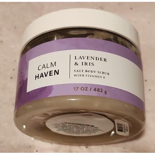 CALM HAVEN Lavender & Iris Salt Body Scrub 17 oz bath body tub