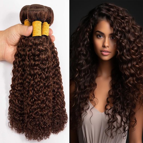 #4 Human Hair Kinky Curly Bundles Dark Brown Curly Weave Human Hair Bundles Double Weft Brazilian Remy Hair Extensions Wet and Wavy Bundles Silky Soft for Black Women(10 12 14 Inch 3 Bundles)