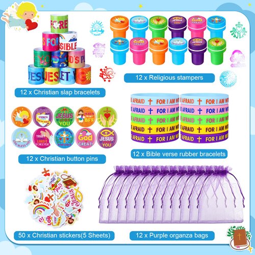 Silipull 110 Pieces Christian Party Favors Set for 12 Guests Bible Verse Slap Bracelets Jesus Stickers Stampers Inspirational Rubber Bracelets Gift Bags Button Pins for Religious Christmas Party Gifts