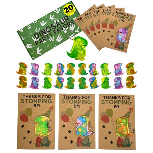 Dinosaur Party Favors Pack: 20 'Thanks for Stomping By' Thank You Cards w/ Dino Pop It Favor Keychain, Goodie Bags Stuffers - for Dinosaurs or Dino Birthday, Decorations & Supplies, FULL Size