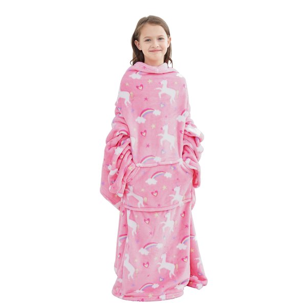 Wearable Fleece Blanket with Sleeves & Foot Pocket for Kids Boys Girls Children,Lightweight Soft Blanket with Sleeves and Hook & Loop 48" x 48" Pink Unicorn