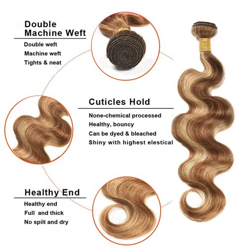Honey Blonde Bundles Highlight Human Hair Bundles 30 Inch Ombre Body Wave 1 Bundle P4/27 Human Hair Bundles 2 Tone Brown and Honey Blonde Bundles Brazilian Remy Hair Extensions