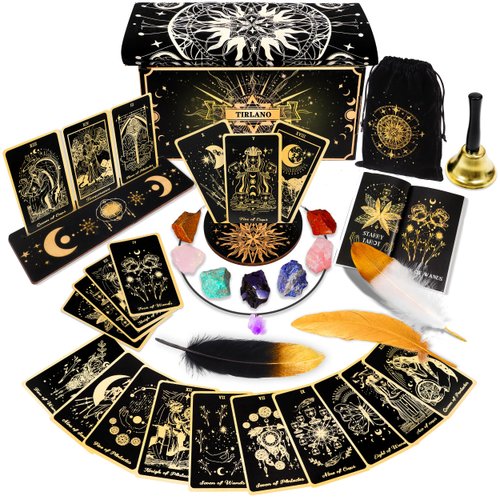 78 Tarot Cards with Guidebook - Tarot Deck Gift Set with Tarot Cloth & Holder, Chakra Stones & More, Black Tarot Cards Deck Fortune Telling Game Craft Cardboard for Beginners and Expert Readers