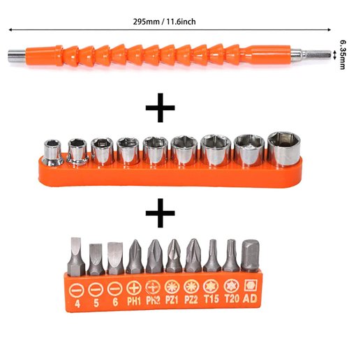 YIOYULEN Flexible Drill Bit Extension, 11.6inch Bendable Drill Bit Extension, Universal 1/4 Flexible Extension for Drill Adaptor Hex Set Orange (21 PCS)