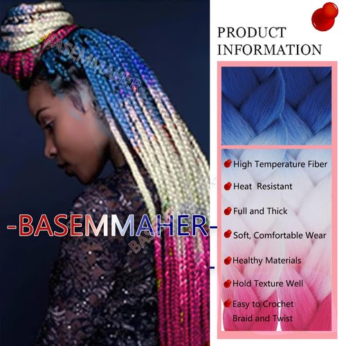 BASEMMAHER Colored Braiding Hair Extensions for Women Girls Red White Blue Ombre Jumbo Braids Crochet Synthetic Fiber Hair Pre Stretched High Temperature Heat Resistant Braiding Hair 24 Inch