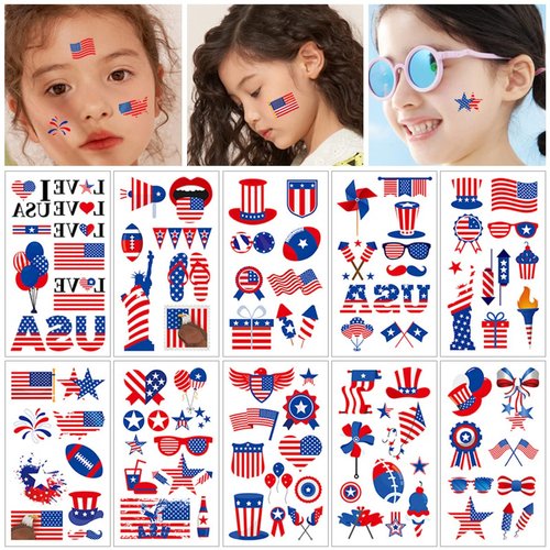 4th of July American Independence Day Tattoo Stickers,Adult Teen Kids Patriotic Waterproof Vinyl Stickers Temporary Tattoo,Independence Day Memorial Day Party Decoration Stickers