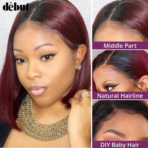 DÉBUT Short Bob Wigs 1B Burgundy Lace Front Wigs Human Hair Middle Part Wigs Brazilian Virgin Straight Hair 13x4x1 T Part Wigs for Black Women 1B/99J 8 Inches