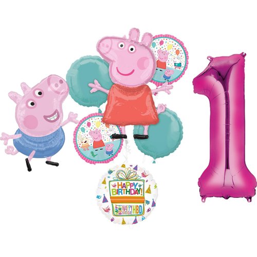 Anagram Peppa and George 1st Birthday Party Supplies Pig Foil Balloon Bouquet Decorations, BQ_4281