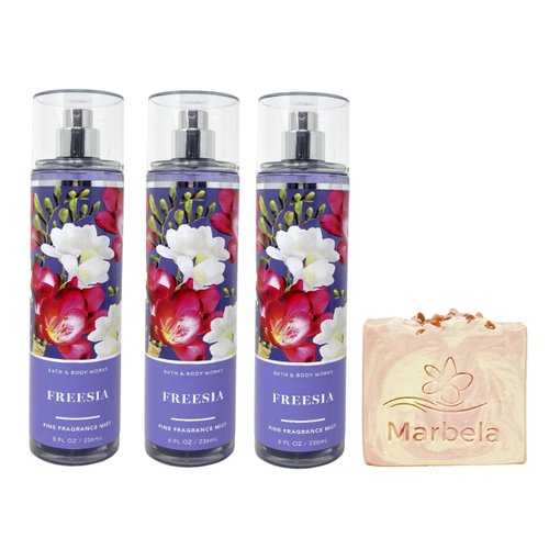 Bath & Body Works Freesia 3 Piece Fine Fragrance Mist Value Pack with a Himalayan Salts Springs Bar Soap - Full Size