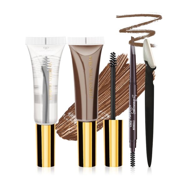 DAGEDA 4Pcs Eyebrow Gel Kit, Clear Brow Gel & Brown Brow Pencil & Eyebrow Razor, Waterproof Clear Eyebrow Styling Gel Long-lasting Light Brown Eyebrow Glue for Brow Makeup Set （Color B）