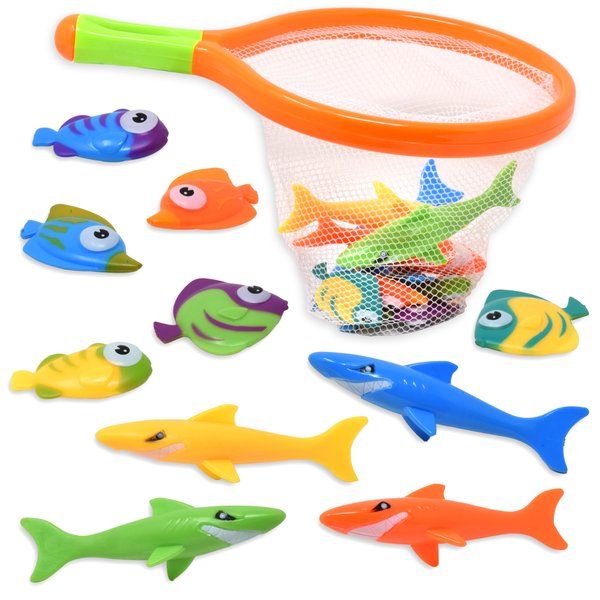 Toy Fishing Net for Bath | Bath Toys for Kids – Dive Game Small Sinking Fish, 4 Sharks & 6 Fish Multicolored